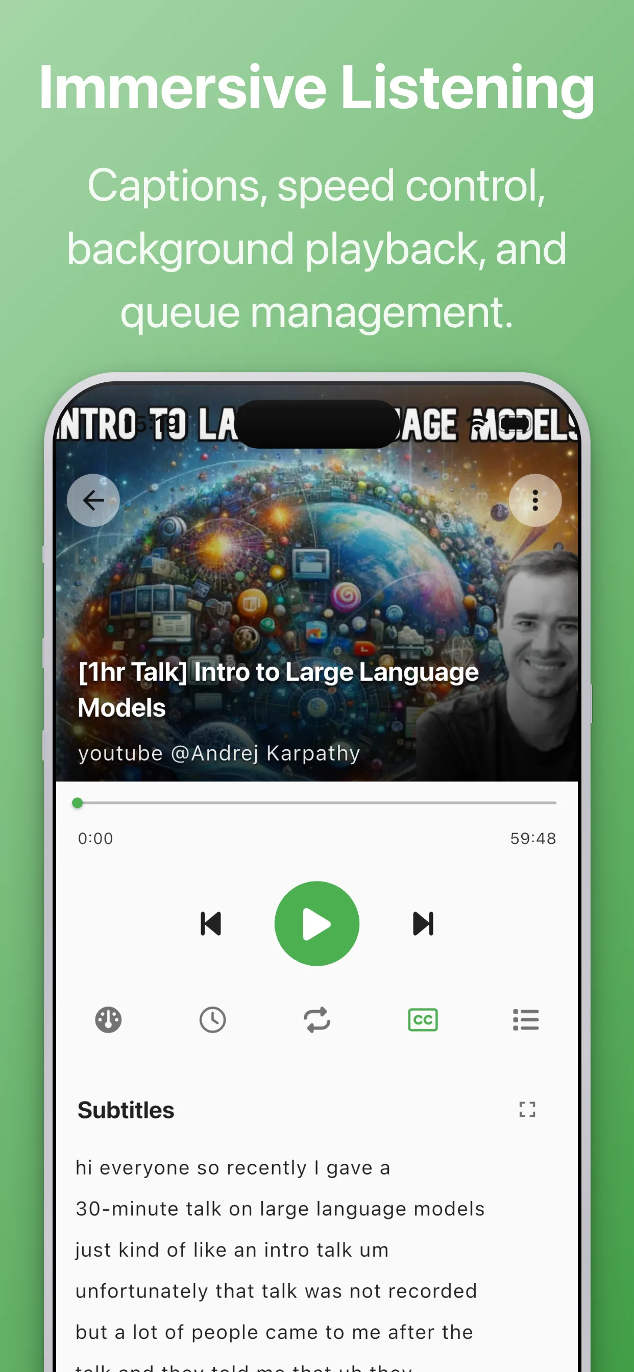 ListenGo playback detail - subtitles speed control